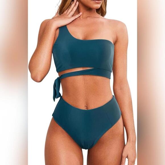 NWOT Mooslover 2 Piece One Shoulder High Waisted Bikini Swimsuit, Small (4-6) - Picture 1 of 3